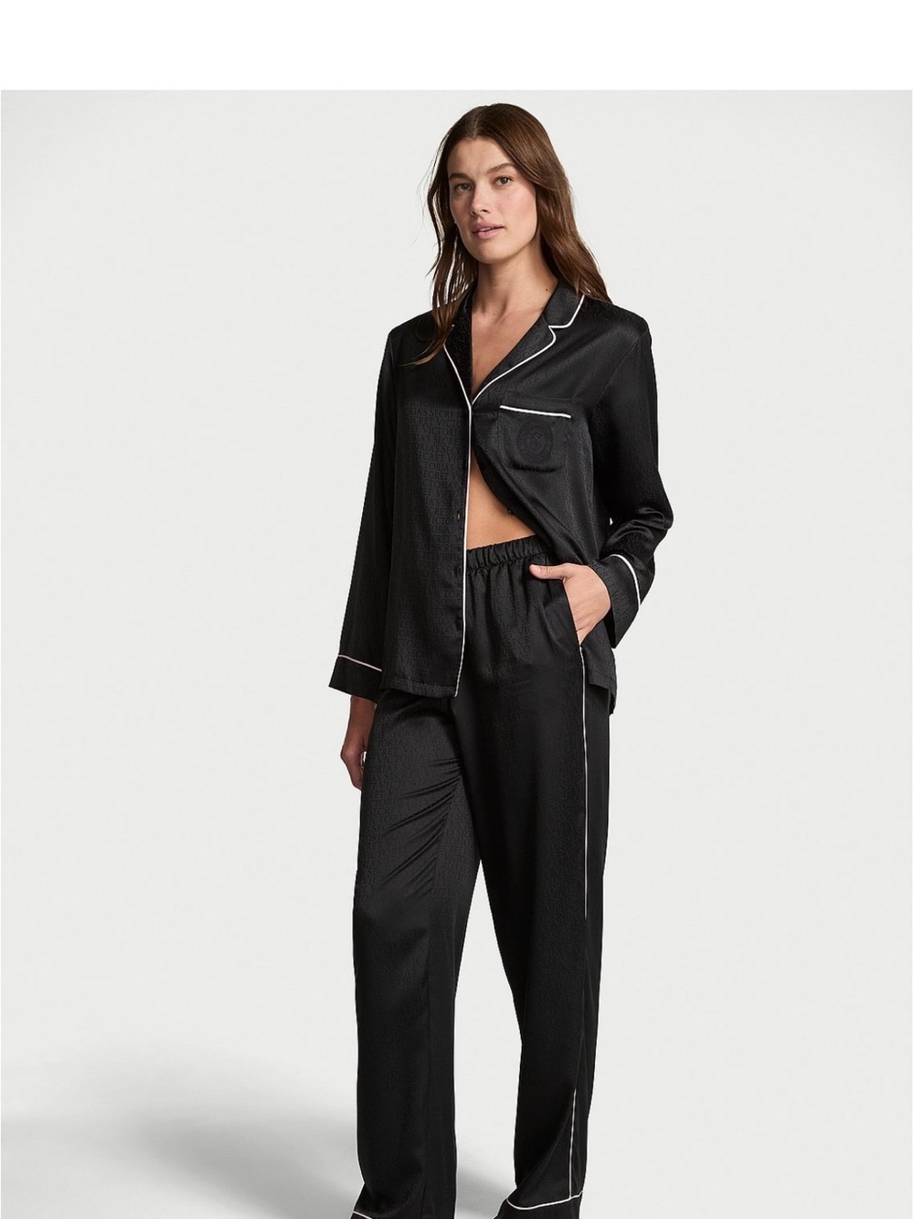 Victoria's Secret Black Satin Pajama Set with White Piping